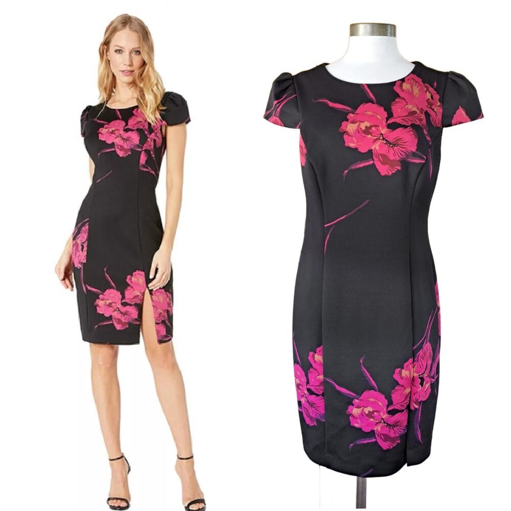 BETSEY JOHNSON Black Pink Floral Print Scuba Sheath Dress Size 8